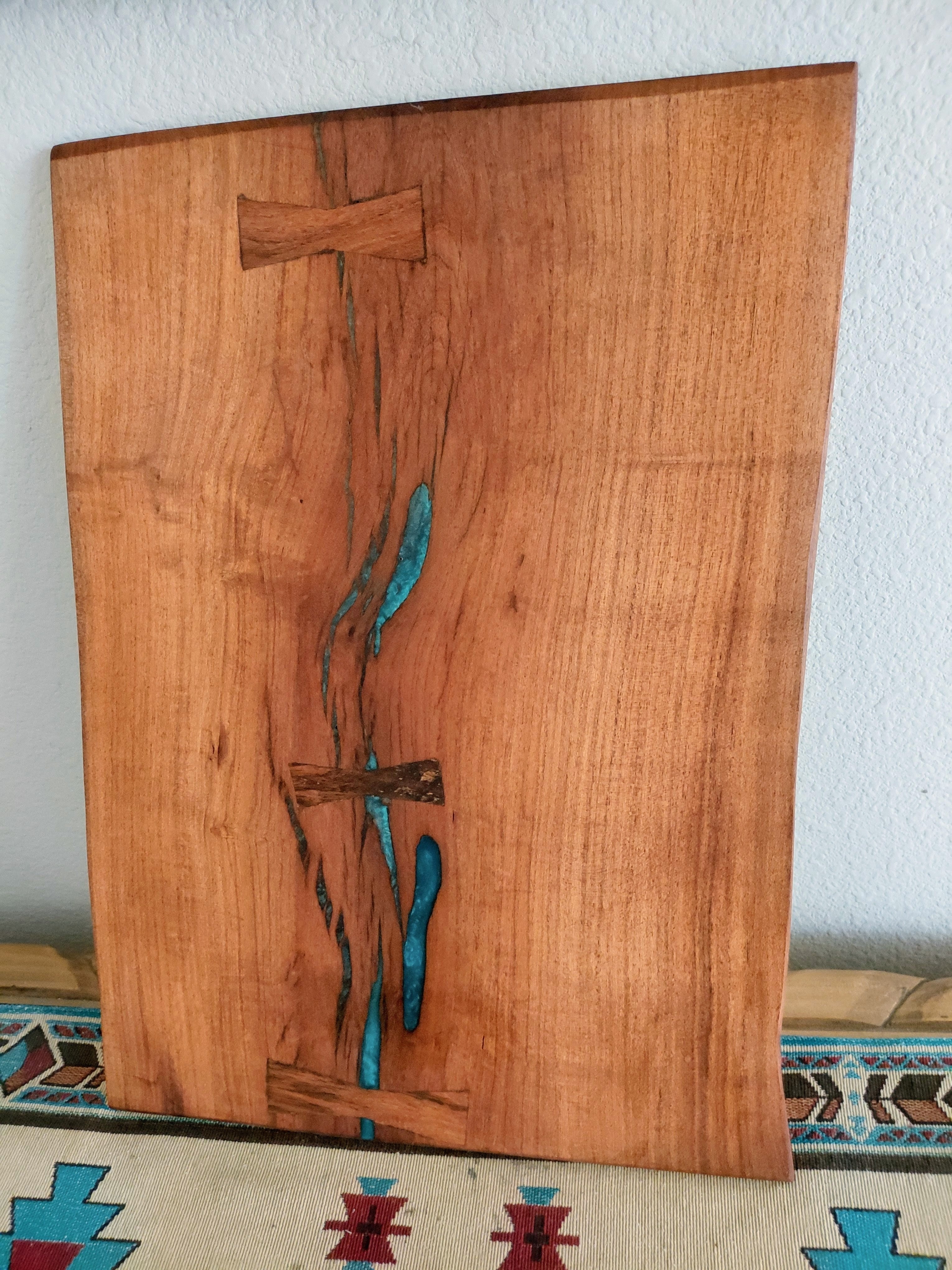 Live Edge Mesquite Charcuterie Board – Turquoise  Colored Epoxy Inlay with Three Bowties