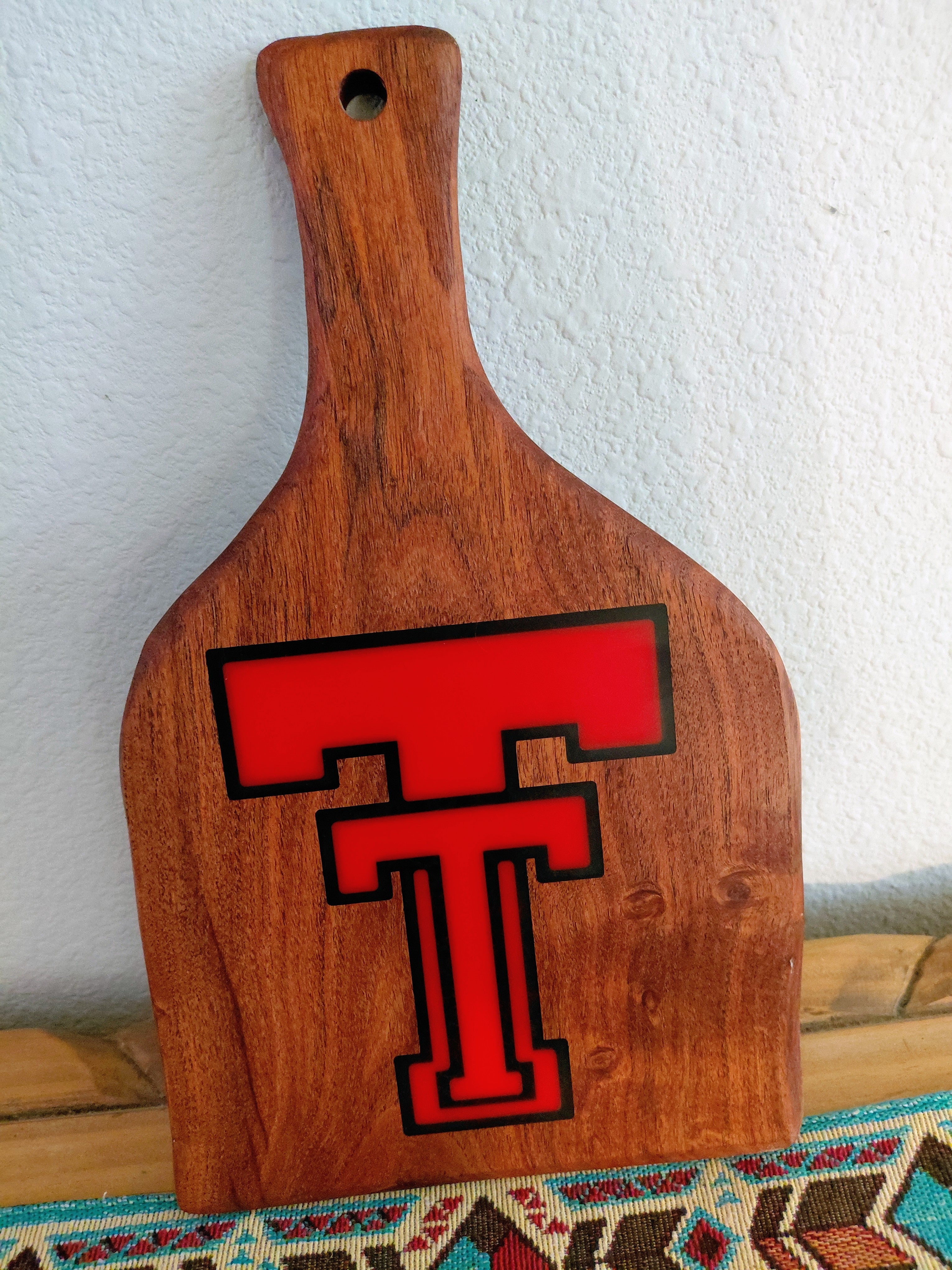 Live Edge Mesquite Charcuterie Board – Texas Tech Logo Epoxy Inlay